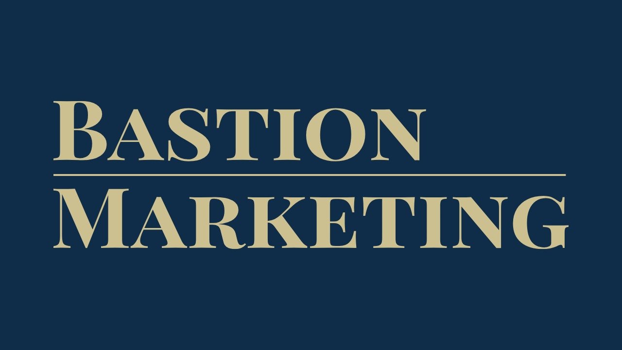 Bastion Marketing logo - gold text on a navy blue background